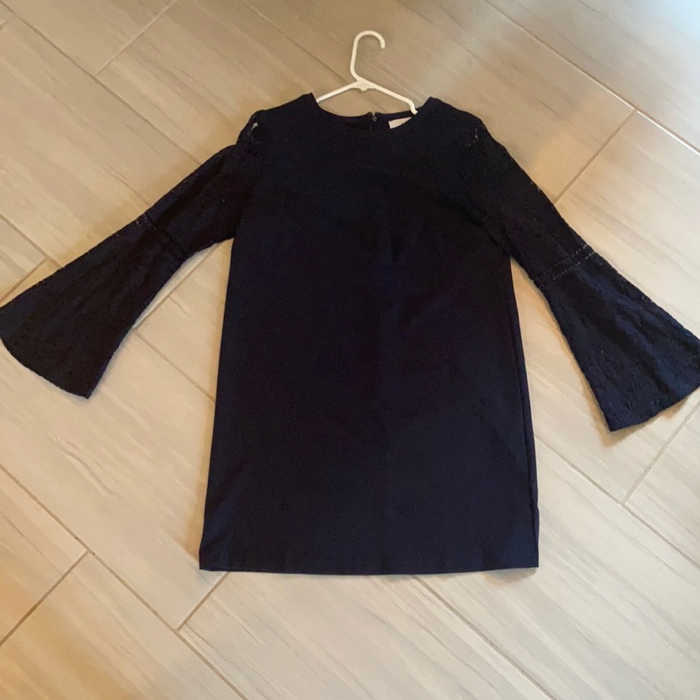 Navy Shift Dress with Lace Bell Sleeve
